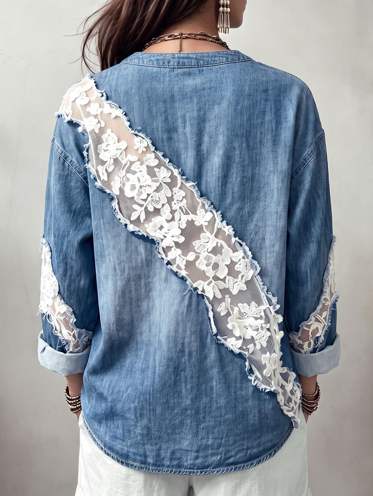 Linhara CURVE Plus Size Women's 2D Floral Lace Contrast Denim Effect Print Blouse, Casual Notched V-Neck Long Sleeve Pullover Top - Multicolor - View 2