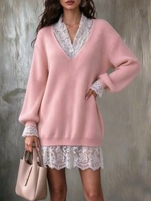 Omancia Women's Elegant Lace Patchwork V-Neck Drop Shoulder Long Sleeve Knit Dress - Pink - View 6