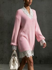 Omancia Women's Elegant Lace Patchwork V-Neck Drop Shoulder Long Sleeve Knit Dress - Pink - View 5