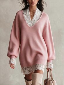 Omancia Women's Elegant Lace Patchwork V-Neck Drop Shoulder Long Sleeve Knit Dress - Pink - View 3