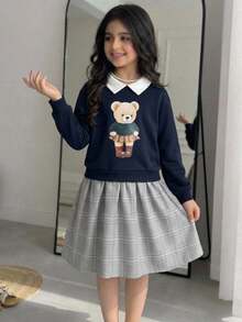 SHEIN Tween Girl Knitted Cute Kids Cartoon Bear Pattern Collared Patchwork Woven Plaid Hem Casual Dress - Multicolor - View 2