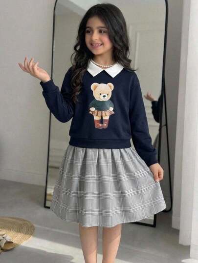 SHEIN Tween Girl Knitted Cute Kids Cartoon Bear Pattern Collared Patchwork Woven Plaid Hem Casual Dress