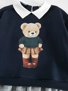 SHEIN Tween Girl Knitted Cute Kids Cartoon Bear Pattern Collared Patchwork Woven Plaid Hem Casual Dress - Multicolor - View 7