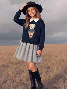 SHEIN Tween Girl Knitted Cute Kids Cartoon Bear Pattern Collared Patchwork Woven Plaid Hem Casual Dress - Multicolor - View 1