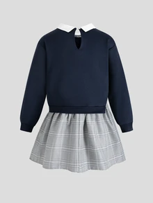 SHEIN Tween Girl Knitted Cute Kids Cartoon Bear Pattern Collared Patchwork Woven Plaid Hem Casual Dress - Multicolor - View 6