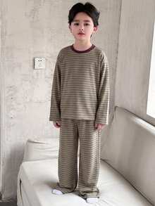 Dazy Kids 青少年男孩圓領條紋拼接長袖上衣與休閒長褲家居服套裝 秋季 - 棕色 - 查看 4