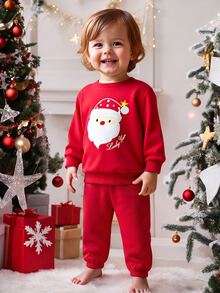 Cozy Pixies 2pcs/Set Baby Boy/Girl Cartoon Santa Claus Pattern Knit Sweatshirt & Pants,Cute Red And White Autumn Matching Family Christmas Festival Outfit Set - Red - View 1