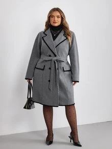 SHEIN CURVE+ Mantel Panjang Wanita Ukuran Besar Gaya Minimalis Serbaguna untuk Musim Gugur dan Musim Dingin - Grey - View 3