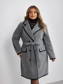 SHEIN CURVE+ Mantel Panjang Wanita Ukuran Besar Gaya Minimalis Serbaguna untuk Musim Gugur dan Musim Dingin - Grey - View 8