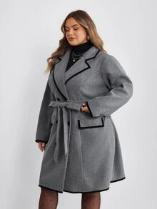 SHEIN CURVE+ Mantel Panjang Wanita Ukuran Besar Gaya Minimalis Serbaguna untuk Musim Gugur dan Musim Dingin - Grey - View 5