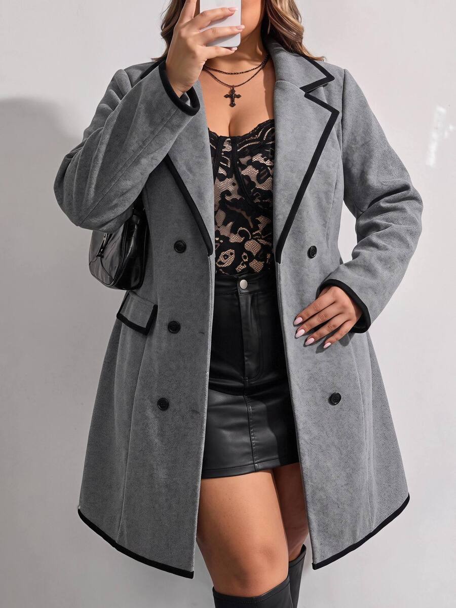 SHEIN CURVE+ Mantel Panjang Wanita Ukuran Besar Gaya Minimalis Serbaguna untuk Musim Gugur dan Musim Dingin - Grey - View 1