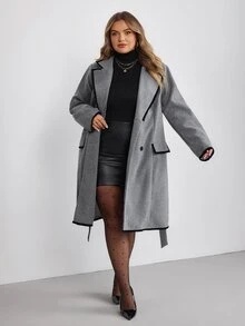 SHEIN CURVE+ Mantel Panjang Wanita Ukuran Besar Gaya Minimalis Serbaguna untuk Musim Gugur dan Musim Dingin - Grey - View 6