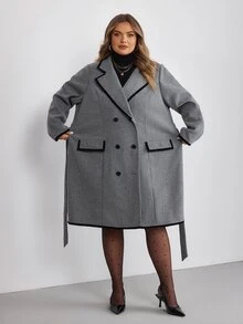 SHEIN CURVE+ Mantel Panjang Wanita Ukuran Besar Gaya Minimalis Serbaguna untuk Musim Gugur dan Musim Dingin - Grey - View 2