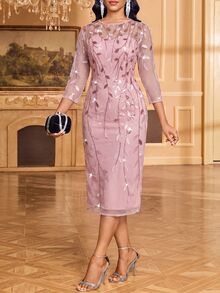Fleurora Women's Round Neck Long Sleeve Transparent Patchwork Leaf Pattern Light Pink Elegant Romantic Midi Dress Christmas Night Casual Elegant Dress - Pink - View 4