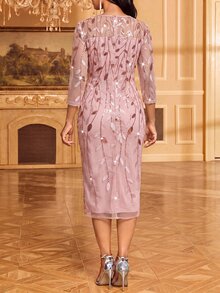 Fleurora Women's Round Neck Long Sleeve Transparent Patchwork Leaf Pattern Light Pink Elegant Romantic Midi Dress Christmas Night Casual Elegant Dress - Pink - View 2