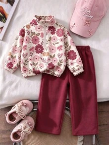 Gentle Milk Coffee Polka Dot Young Girl Set | Half-Zip Stand Collar Fleece Sweatshirt + Wide Leg Pants, Girls' Stylish - Multicolor - View 1