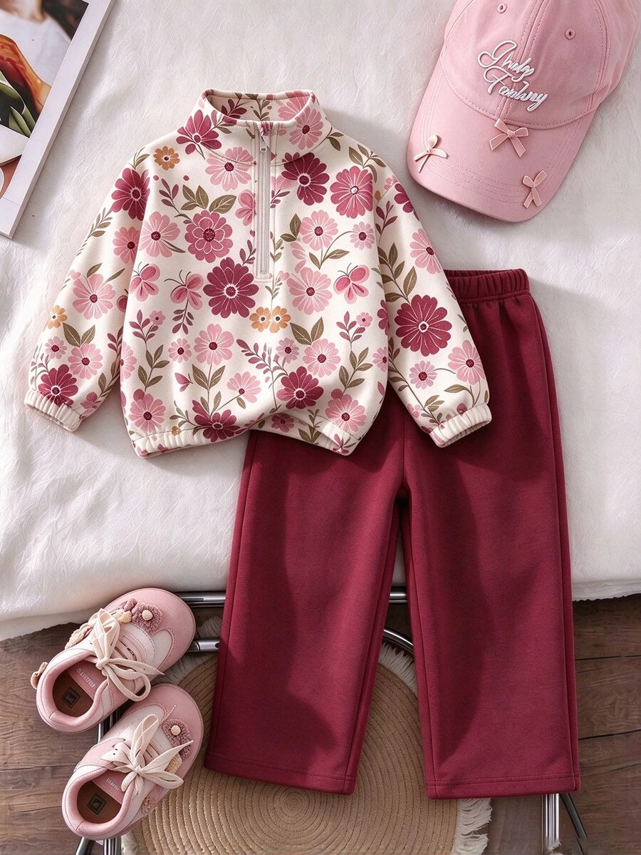 Gentle Milk Coffee Polka Dot Young Girl Set | Half-Zip Stand Collar Fleece Sweatshirt + Wide Leg Pants, Girls' Stylish - Multicolor - View 1