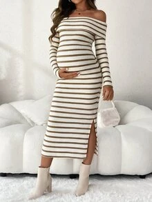 SHEIN Maternity Off-Shoulder Colorblock Horizontal Striped Casual Loose Fashion Long Sleeve Dress - Brown - View 6