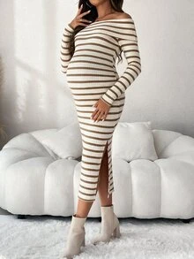 SHEIN Maternity Off-Shoulder Colorblock Horizontal Striped Casual Loose Fashion Long Sleeve Dress - Brown - View 2