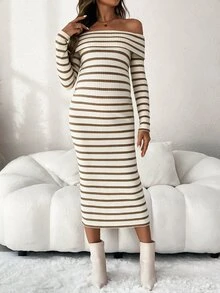 SHEIN Maternity Off-Shoulder Colorblock Horizontal Striped Casual Loose Fashion Long Sleeve Dress - Brown - View 4