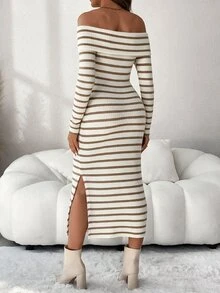 SHEIN Maternity Off-Shoulder Colorblock Horizontal Striped Casual Loose Fashion Long Sleeve Dress - Brown - View 7