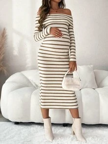 SHEIN Maternity Off-Shoulder Colorblock Horizontal Striped Casual Loose Fashion Long Sleeve Dress - Brown - View 8