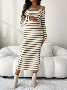 SHEIN Maternity Off-Shoulder Colorblock Horizontal Striped Casual Loose Fashion Long Sleeve Dress - Brown - View 5
