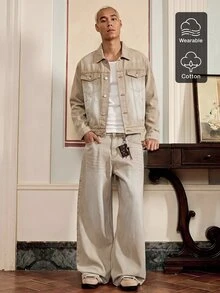 SWAVVY 男士梭織時尚休閒寬鬆長袖鈕扣襯衫 - 卡其色 - 查看 8