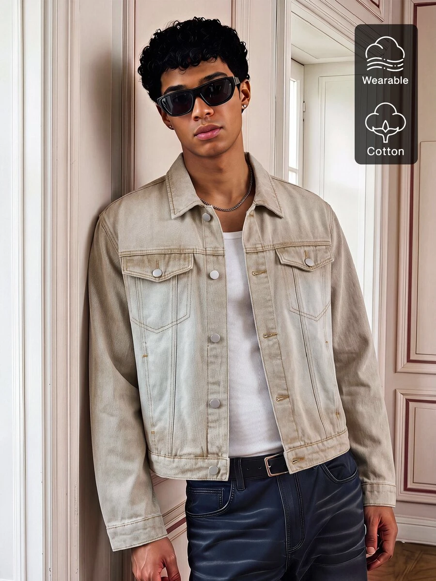 SWAVVY Men's Woven Fashion Casual Loose Long Sleeve Button-Down Shirt - Khaki - View 1