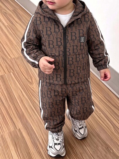 Vacaura Little Boys Allover Letter Print Hooded Zip Up Jacket, Long Sleeve Fall Winter Lightweight Outerwear Coat For Casual School Streetwear Wear