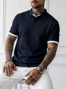 Manfinity CasualCool 男士休閒短袖 Polo 衫，黑色與米色紋理設計，標準版型，鈕扣領口，適合夏季、度假、高爾夫，老錢風輕量上衣，正式休閒 - 寶藍色 - 查看 4