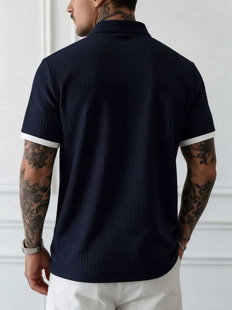 Manfinity CasualCool ملابس علوية بولو رجالي كاجوال بأكمام قصيرة، أسود وبيج بنسيج محبب، بقصة عادية وياقة بأزرار، للصيف والعطلات والجولف، بأسلوب Old Money، خفيف الوزن، رسمي - أزرق غامق - مشاهدة 2