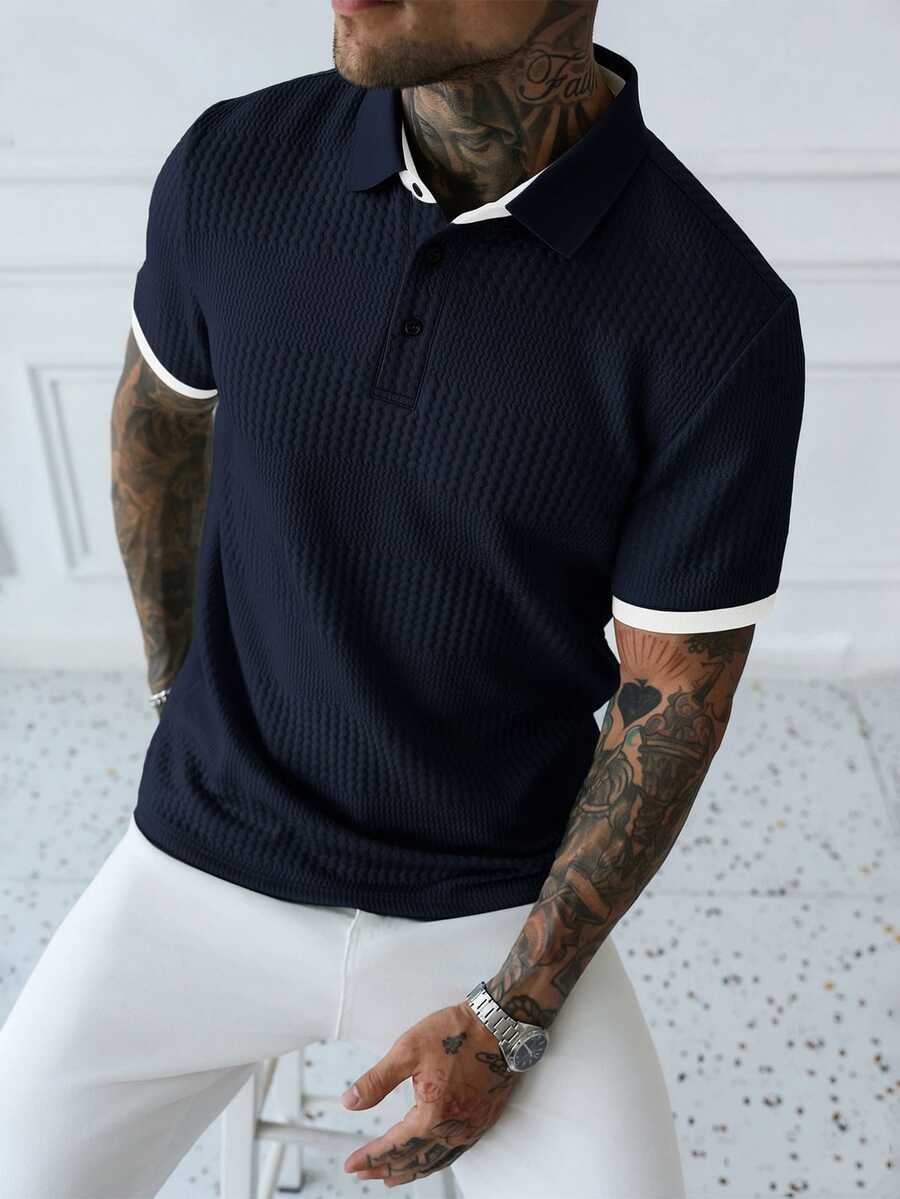 Manfinity CasualCool 男士休閒短袖 Polo 衫,黑色與米色紋理設計,標準版型,鈕扣領口,適合夏季、度假、高爾夫,老錢風輕量上衣,正式休閒 - 寶藍色 - 查看 1