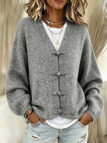 Zayélia Women's V-Neck Chinese Style Front-Button Closure Frog Button Dropped Shoulder Lantern Long Sleeve Short Loose Casual Cardigan Brunch Grey Autumn - Grey - View 1