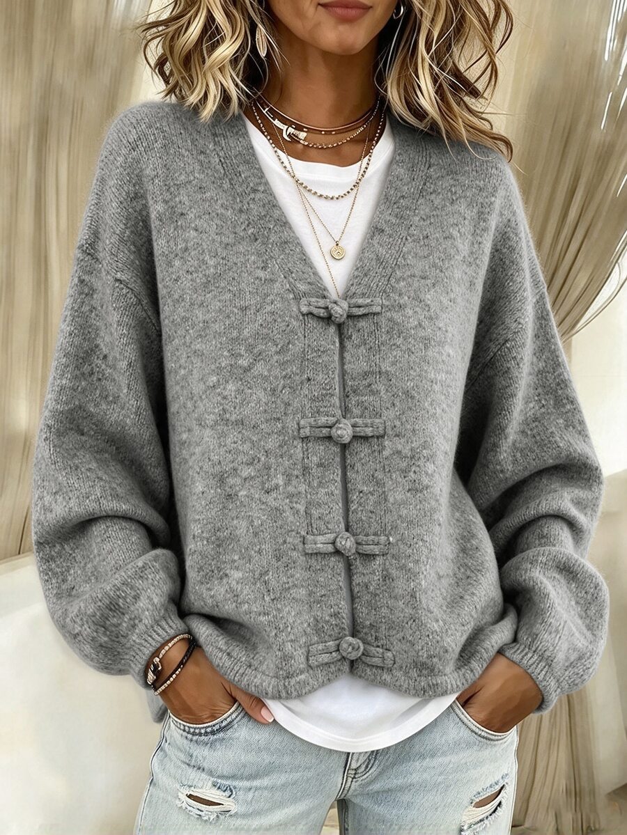 Zayélia Women's V-Neck Chinese Style Front-Button Closure Frog Button Dropped Shoulder Lantern Long Sleeve Short Loose Casual Cardigan Brunch Grey Autumn - Grey - View 1