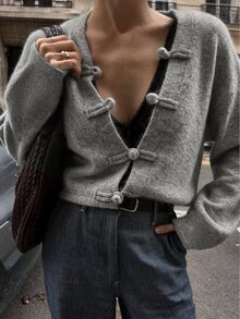 Zayélia Women's V-Neck Chinese Style Front-Button Closure Frog Button Dropped Shoulder Lantern Long Sleeve Short Loose Casual Cardigan Brunch Grey Autumn - Grey - View 4