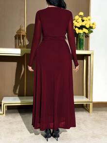 Feyla Women's Elegant Mature Pleated Long Sleeve Dress With Faux Pearl Shoulder Decor Party Night Dinner Silver Sequin Fall - Burgundy - View 2