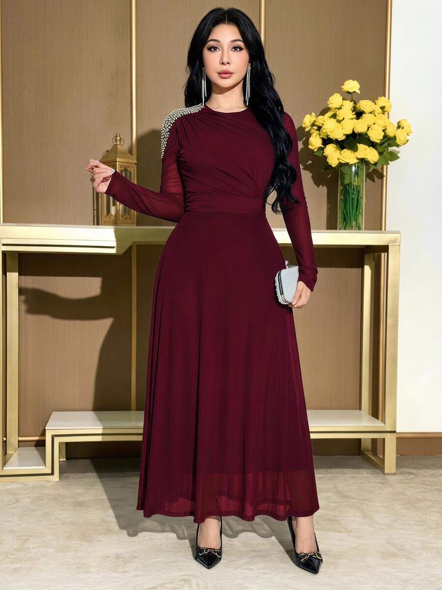 Feyla Women's Elegant Mature Pleated Long Sleeve Dress With Faux Pearl Shoulder Decor Party Night Dinner Silver Sequin Fall - Burgundy - View 1