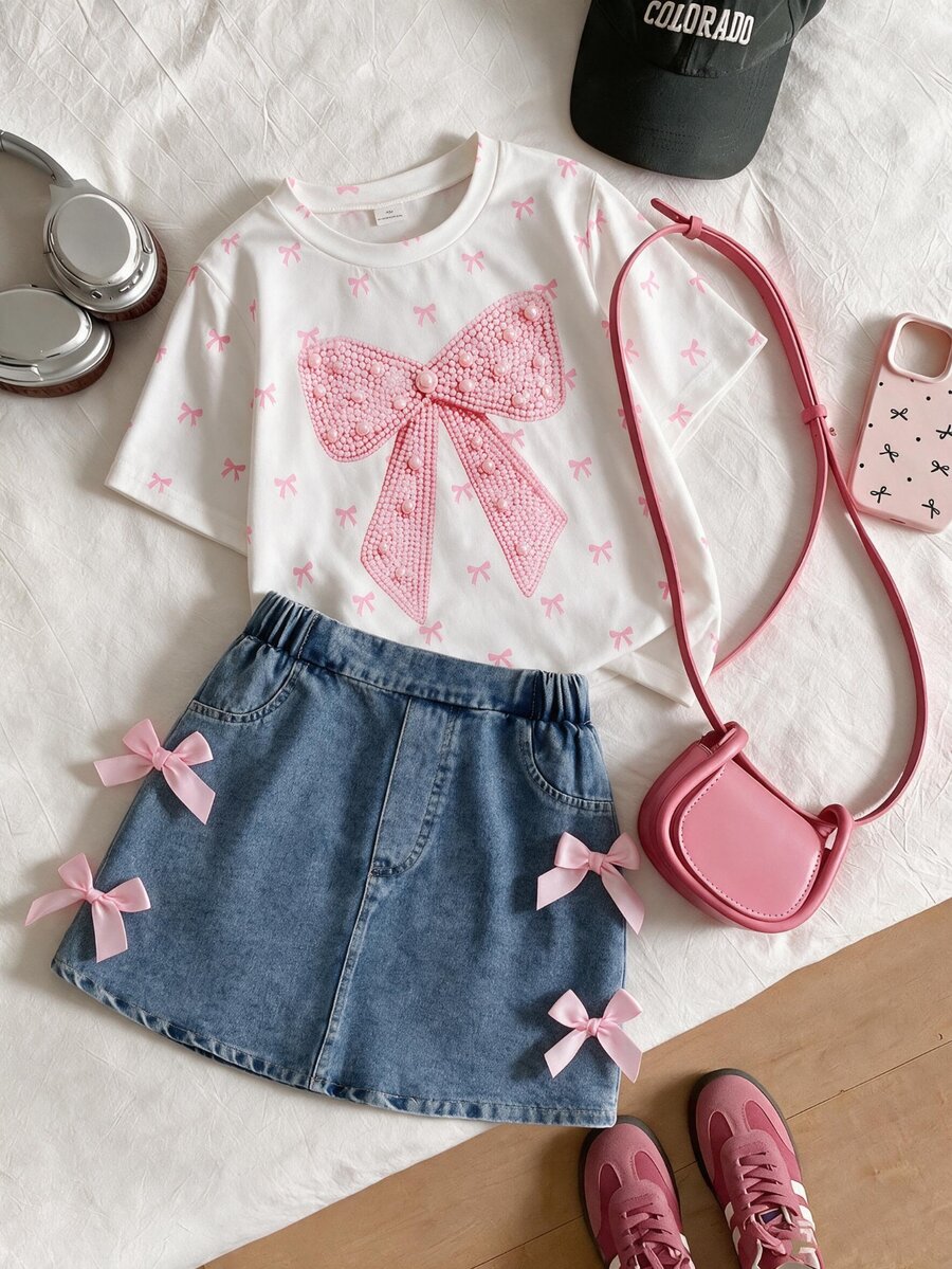 SHEIN Tween Girls 2pcs/Set Spring/Summer Y2k Cow Girl Cute Pink Light Blue Bow Decor Round Neck Short Sleeve T-Shirt 3D Embroidery Birthday School Holiday - Multicolor - View 1