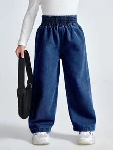 SHEIN Explorewe 女童極簡牛仔女孩碎花後口袋緊身喇叭牛仔褲 秋季 嬰兒藍 - 深色水洗藍 - 查看 8