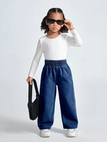SHEIN Explorewe 女童極簡牛仔女孩碎花後口袋緊身喇叭牛仔褲 秋季 嬰兒藍 - 深色水洗藍 - 查看 5