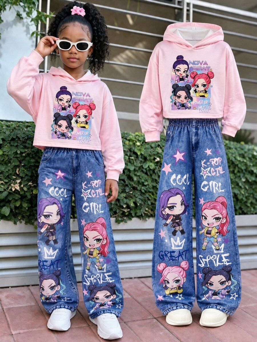 SHEIN Tween Girls Fall Outfits 2pcs/Set Round Neck Casual Cute Cowgirl School Family Matching Graffiti Pattern Hooded Sweatshirt + Purple Blue