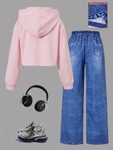 SHEIN Tween Girls Fall Outfits 2pcs/Set Round Neck Casual Cute Cowgirl School Family Matching Graffiti Pattern Hooded Sweatshirt + Purple Blue - Multicolor - View 3