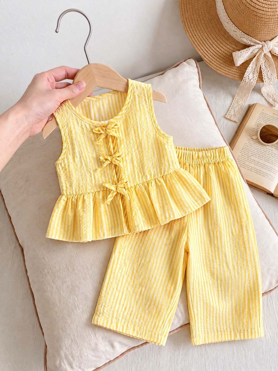 SHEIN 2件套女婴幼儿/新生儿0-3岁春夏休闲甜美日常度假条纹梭织无袖上衣和阔腿裤两件套