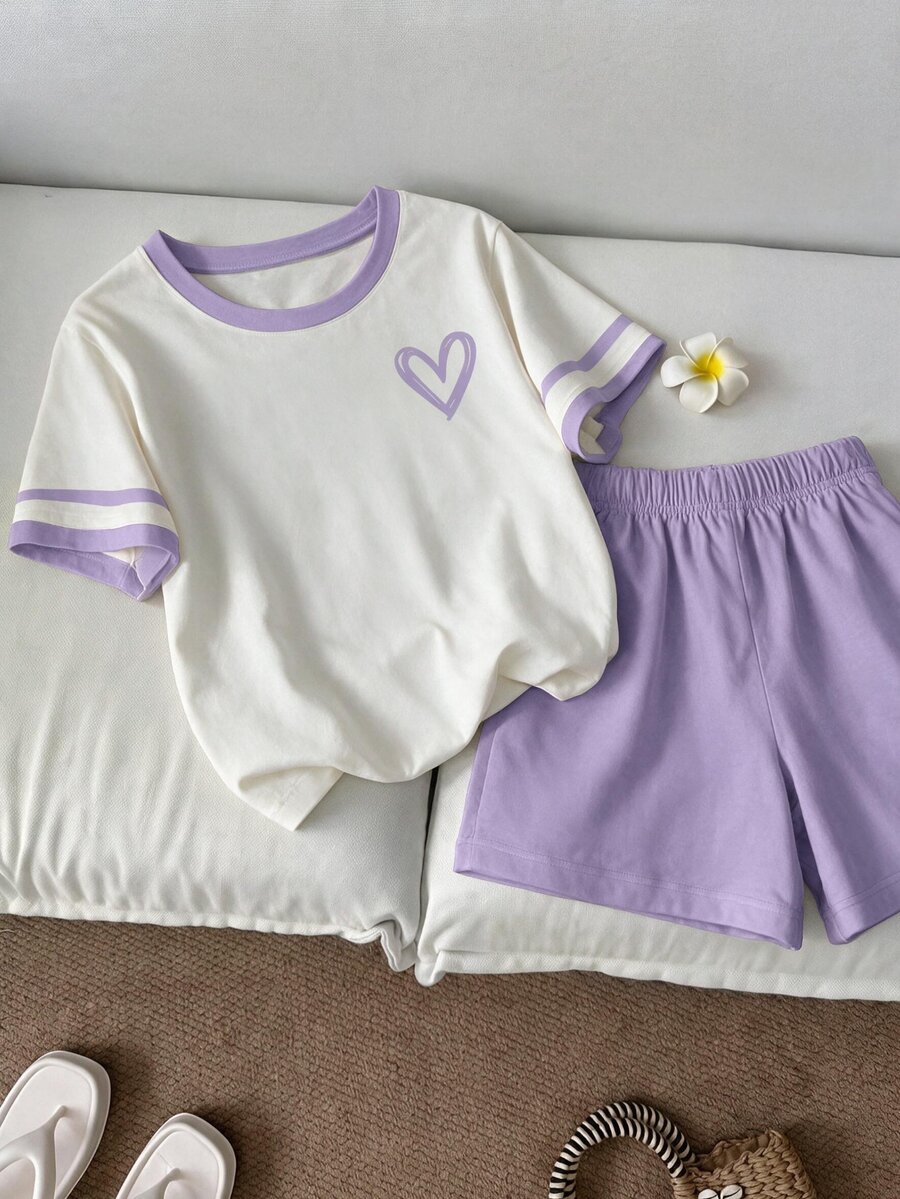 2pcs/Set Teen Girls' Purple Striped T-Shirt & Heart Print Top With Purple Shorts, Casual Daily Outfit Suitable For Spring, Summer, Autumn