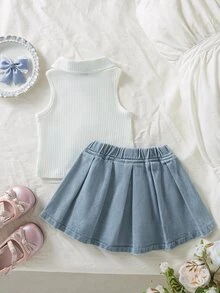 SHEIN Playful Pals 女嬰短袖無袖套裝上衣與裙子，奶油白、藍色與牛仔色， Polo領針織蝴蝶結，秋季校園畢業輕便可愛休閒風 - 白色 - 查看 3