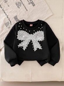 Elladie kids Young Girls 2Pcs Autumn/Winter 4-7Y Rhinestone Bow Graphic Black Sweatshirt And Flare Flared Pants Set For Daily Casual Fall Clothing - Black - View 8