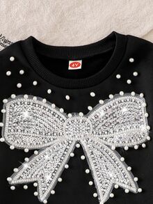 Elladie kids Young Girls 2Pcs Autumn/Winter 4-7Y Rhinestone Bow Graphic Black Sweatshirt And Flare Flared Pants Set For Daily Casual Fall Clothing - Black - View 10