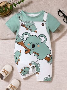 SHEIN Baby Boy Cute Animal Print Strap Shorts With Round Neck Short Sleeve Romper, Suitable For Summer Family Holiday White And Green - Multicolor - View 3