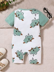 SHEIN Baby Boy Cute Animal Print Strap Shorts With Round Neck Short Sleeve Romper, Suitable For Summer Family Holiday White And Green - Multicolor - View 5